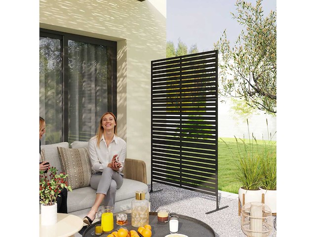Metalen buitenruimteverdeler, lattenontwerp, decoratieve scheidingswand voor terras, tuin, balkon, zwart - afbeelding 1 van  4