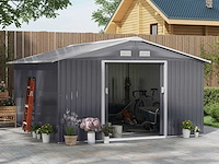 Metalen tuinschuur van 3,35m x 3,96m, opslagruimte met dubbele afsluitbare fietsdeur, tuingereedschap, donkergrijs