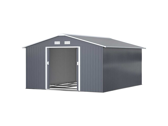 Metalen tuinschuur van 3,35m x 3,96m, opslagruimte met dubbele afsluitbare fietsdeur, tuingereedschap, donkergrijs - afbeelding 3 van  6