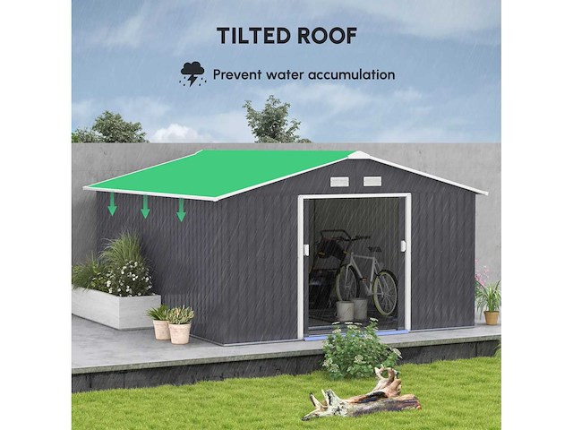 Metalen tuinschuur van 3,35m x 3,96m, opslagruimte met dubbele afsluitbare fietsdeur, tuingereedschap, donkergrijs - afbeelding 4 van  6