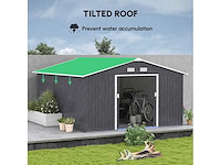 Metalen tuinschuur van 3,35m x 3,96m, opslagruimte met dubbele afsluitbare fietsdeur, tuingereedschap, donkergrijs - afbeelding 4 van  6