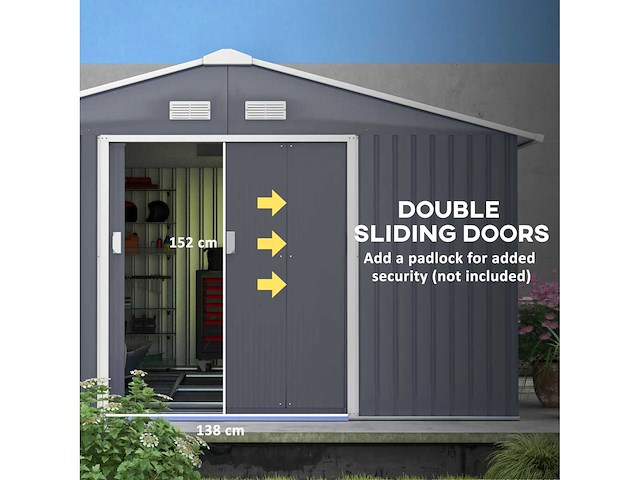 Metalen tuinschuur van 3,35m x 3,96m, opslagruimte met dubbele afsluitbare fietsdeur, tuingereedschap, donkergrijs - afbeelding 5 van  6