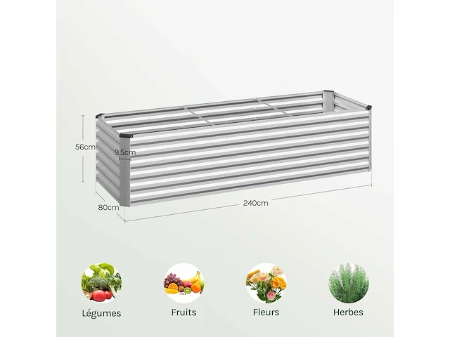 Metalen verhoogde tuin, buitengroentetuin, 238x80x56cm, zilver - afbeelding 7 van  8