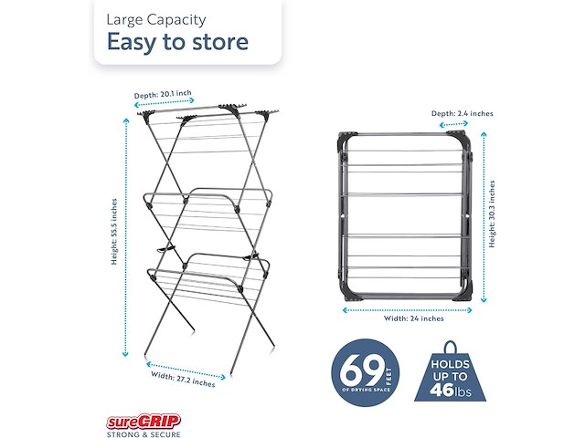 Minky premium sure grip 3-lags roestvrijstalen wasdroger grijs roestvrij staal standaardmaat - afbeelding 2 van  9