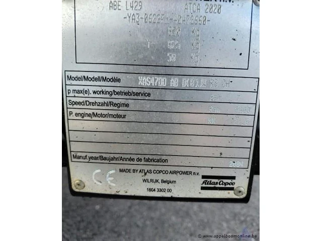 Mobiele compressor, atlas copco xas 47, bouwjaar 2004, 91 bedrijfsuren, motorvermogen 21.6 kw, diesel, gewicht 850 kg, serienummer -ya3-b6227x-40472660-. werking niet gekend. - afbeelding 2 van  13
