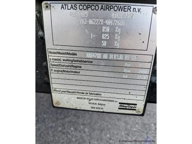Mobiele compressor, atlas copco xas 47, bouwjaar 2004, 91 bedrijfsuren, motorvermogen 21.6 kw, diesel, gewicht 850 kg, serienummer -ya3-b6227x-40472660-. werking niet gekend. - afbeelding 9 van  13