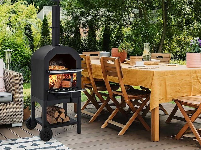 Mobiele pizzaoven 162 cm ijzer met thermometer en schoorsteen pizzaovens met 2 wielen en waterdichte deksel ergonomisch handvat - afbeelding 1 van  11