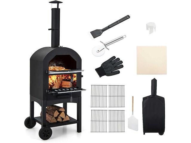 Mobiele pizzaoven 162 cm ijzer met thermometer en schoorsteen pizzaovens met 2 wielen en waterdichte deksel ergonomisch handvat - afbeelding 6 van  11