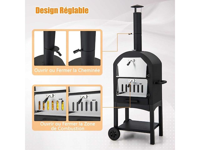Mobiele pizzaoven 162 cm ijzer met thermometer en schoorsteen pizzaovens met 2 wielen en waterdichte deksel ergonomisch handvat - afbeelding 8 van  11