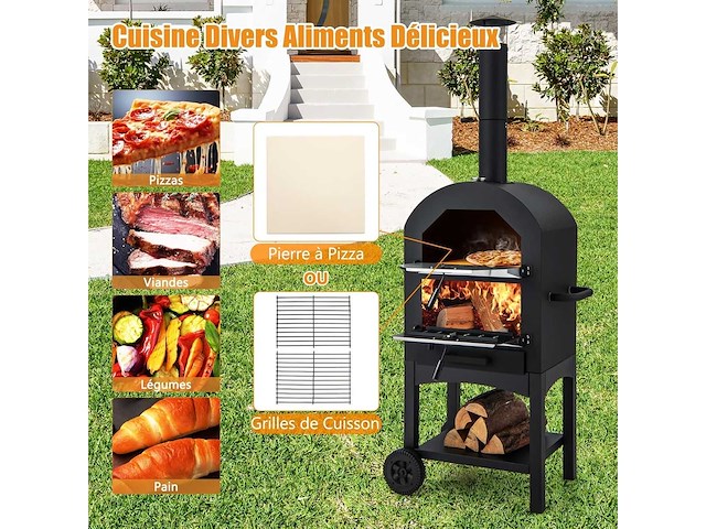 Mobiele pizzaoven 162 cm ijzer met thermometer en schoorsteen pizzaovens met 2 wielen en waterdichte deksel ergonomisch handvat - afbeelding 11 van  11