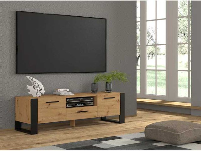 Moderne hdf- en abs-tv-standaards in eikenhout en zwart - afbeelding 1 van  4