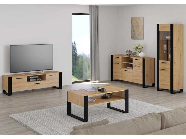 Moderne hdf- en abs-tv-standaards in eikenhout en zwart - afbeelding 3 van  4