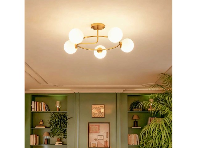 Moderne kroonluchter plafondlamp, 5-licht plafondlamp met g9 voet, semi-inbouwbare bevestiging, goud en wit - afbeelding 1 van  5