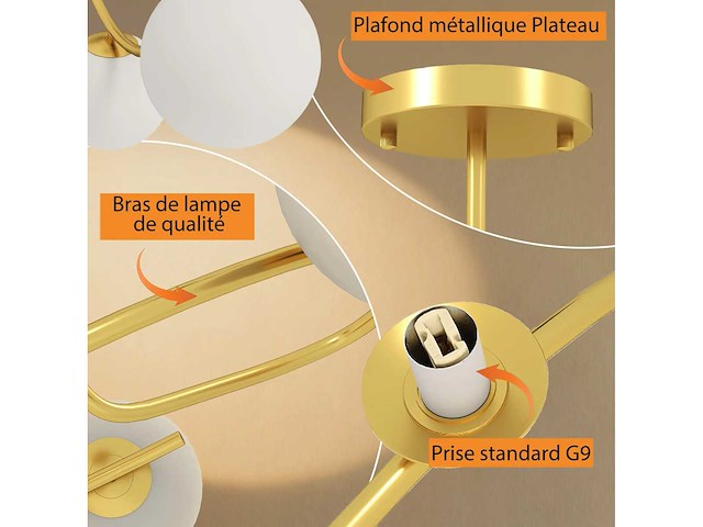 Moderne kroonluchter plafondlamp, 5-licht plafondlamp met g9 voet, semi-inbouwbare bevestiging, goud en wit - afbeelding 4 van  5