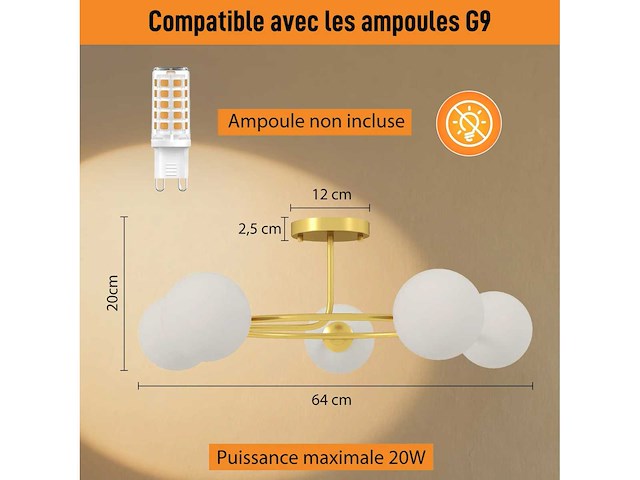 Moderne kroonluchter plafondlamp, 5-licht plafondlamp met g9 voet, semi-inbouwbare bevestiging, goud en wit - afbeelding 5 van  5