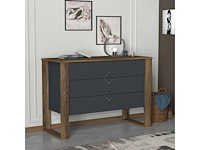 Moderne ladekast met drie lades, walnoot buitenafwerking en houtskoolkleurige lades - afbeelding 2 van  9