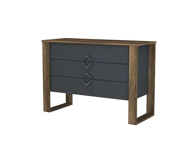 Moderne ladekast met drie lades, walnoot buitenafwerking en houtskoolkleurige lades - afbeelding 3 van  9