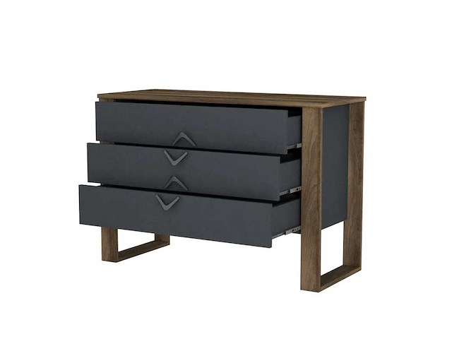 Moderne ladekast met drie lades, walnoot buitenafwerking en houtskoolkleurige lades - afbeelding 4 van  9