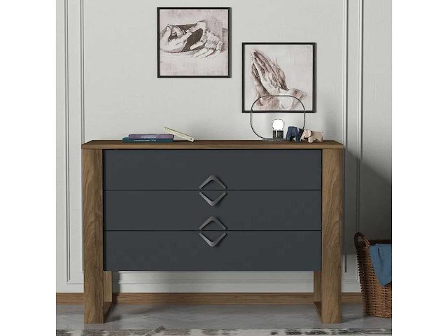 Moderne ladekast met drie lades, walnoot buitenafwerking en houtskoolkleurige lades - afbeelding 5 van  9