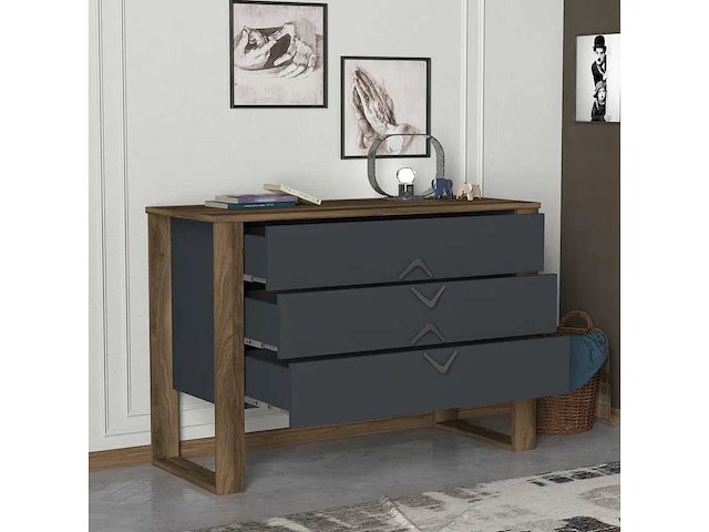 Moderne ladekast met drie lades, walnoot buitenafwerking en houtskoolkleurige lades - afbeelding 6 van  9