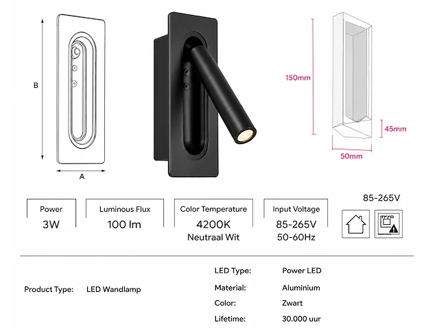 Moderne led wandlamp (horoz) – 3w – 4200k neutraal wit – ip20 – belek (4 stuks) - afbeelding 5 van  5