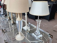 Moderne tafellamp met helder acryl middenstuk en beige stoffen lampenkap riviera maison, moderne tafellamp met kristallen lampenvoet en witte lampenkap met slangenleerstructuur, klassieke tafellamp in oudwit met gedraaide houten voet en beige stoffen kap