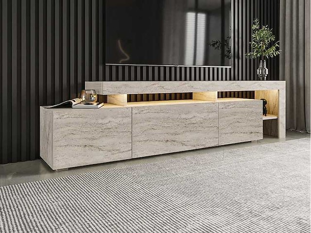 Moderne tv-standaard met led's - travertine-effect - afbeelding 1 van  7