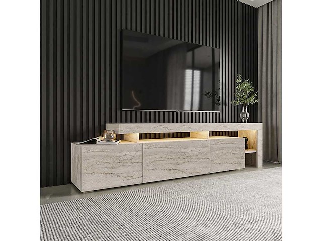 Moderne tv-standaard met led's - travertine-effect - afbeelding 2 van  7