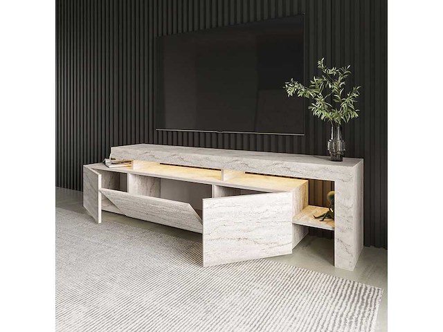 Moderne tv-standaard met led's - travertine-effect - afbeelding 6 van  7