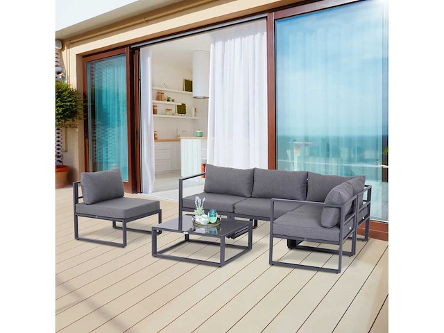Modulaire 5-zitter zeilstijl stijl hoektuinmeubelset met kussens en een grijze aluminium salontafel - afbeelding 2 van  4