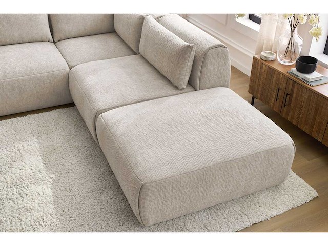 Modulaire vaste hoekbank van textuurstof met 2 fauteuils, 1 hoek en 2 poefs - afbeelding 2 van  14