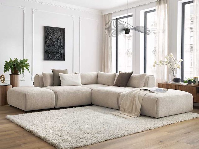 Modulaire vaste hoekbank van textuurstof met 2 fauteuils, 1 hoek en 2 poefs - afbeelding 1 van  14