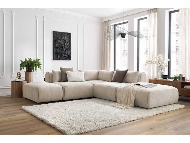 Modulaire vaste hoekbank van textuurstof met 2 fauteuils, 1 hoek en 2 poefs - afbeelding 7 van  14