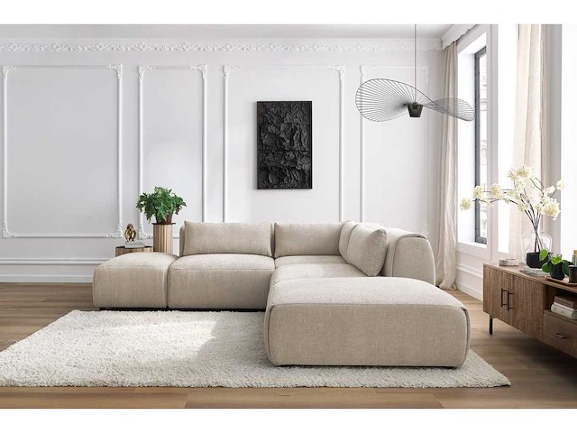 Modulaire vaste hoekbank van textuurstof met 2 fauteuils, 1 hoek en 2 poefs - afbeelding 9 van  14