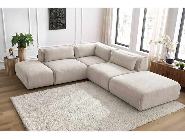 Modulaire vaste hoekbank van textuurstof met 2 fauteuils, 1 hoek en 2 poefs - afbeelding 10 van  14