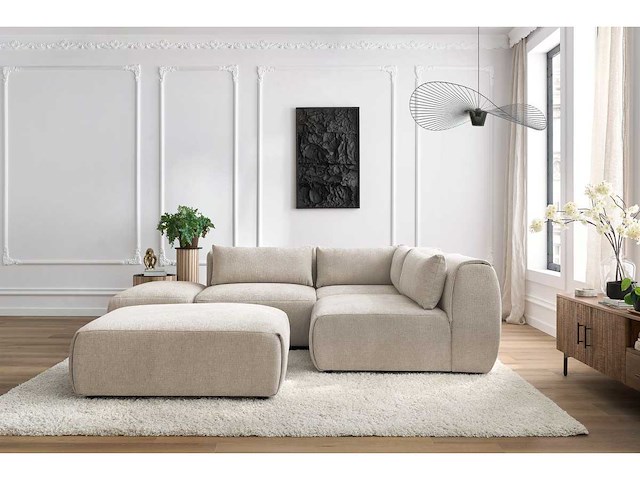 Modulaire vaste hoekbank van textuurstof met 2 fauteuils, 1 hoek en 2 poefs - afbeelding 11 van  14