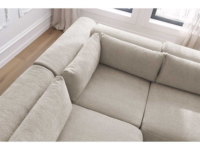 Modulaire vaste hoekbank van textuurstof met 2 fauteuils, 1 hoek en 2 poefs - afbeelding 13 van  14