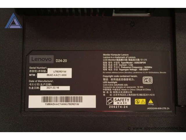 Monitor, lenovo, d24-20, 16w, werking niet gekend - afbeelding 2 van  2