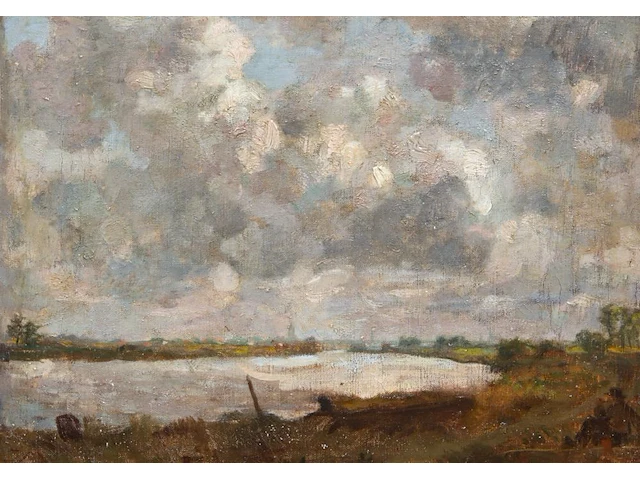 Monogram j.m., cloudy landscape with the church of dordrecht in the background, oil on canvas 25 x 35 cm. (9.8 x 13.7 in.), frame: 43 x 53 cm. (16.9 x 20.8 in.) - afbeelding 1 van  2
