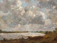 Monogram j.m., cloudy landscape with the church of dordrecht in the background, oil on canvas 25 x 35 cm. (9.8 x 13.7 in.), frame: 43 x 53 cm. (16.9 x 20.8 in.)