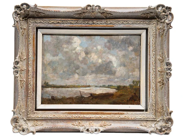 Monogram j.m., cloudy landscape with the church of dordrecht in the background, oil on canvas 25 x 35 cm. (9.8 x 13.7 in.), frame: 43 x 53 cm. (16.9 x 20.8 in.) - afbeelding 2 van  2