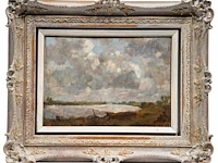Monogram j.m., cloudy landscape with the church of dordrecht in the background, oil on canvas 25 x 35 cm. (9.8 x 13.7 in.), frame: 43 x 53 cm. (16.9 x 20.8 in.) - afbeelding 2 van  2