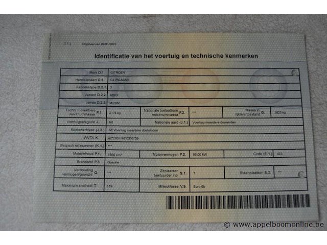 Monovolume citroen, c4 picasso, vf73abhxmfj763830, 1e insch 03/09/2015, 1560cm³, 85kw, diesel, euro 6b, 162121km, inschrijvingsbewijs deel i en ii, keuringsbewijs (geldig tot 03/09/2026), gelijkvormigheidsattest - afbeelding 20 van  21
