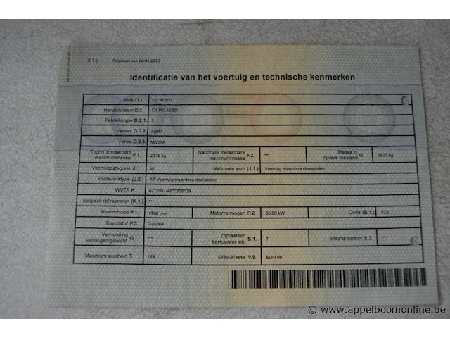 Monovolume citroen, c4 picasso, vf73abhxmfj763830, 1e insch 03/09/2015, 1560cm³, 85kw, diesel, euro 6b, 162121km, inschrijvingsbewijs deel i en ii, keuringsbewijs (geldig tot 03/09/2026), gelijkvormigheidsattest - afbeelding 11 van  21