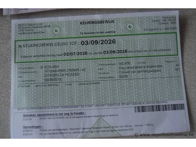 Monovolume citroen, c4 picasso, vf73abhxmfj763830, 1e insch 03/09/2015, 1560cm³, 85kw, diesel, euro 6b, 162121km, inschrijvingsbewijs deel i en ii, keuringsbewijs (geldig tot 03/09/2026), gelijkvormigheidsattest - afbeelding 13 van  21