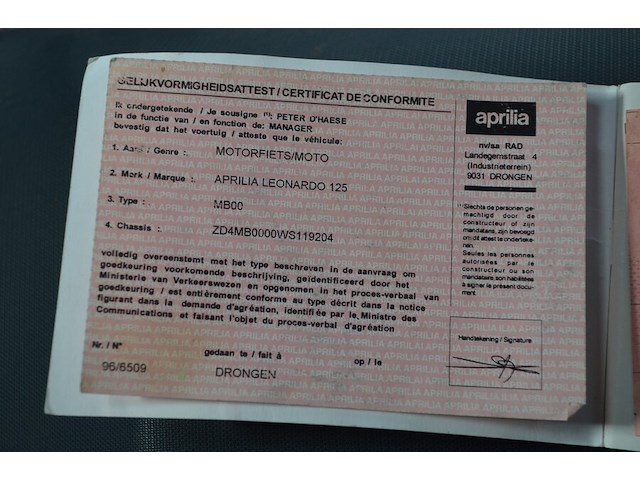 Motorfiets aprilia leonardo 125, type: mb00, chassisnummer: zd4mb0000ws119204 met inschrijvingsbewijs, gelijkvormigheidsattest en 1 sleutel - afbeelding 3 van  22