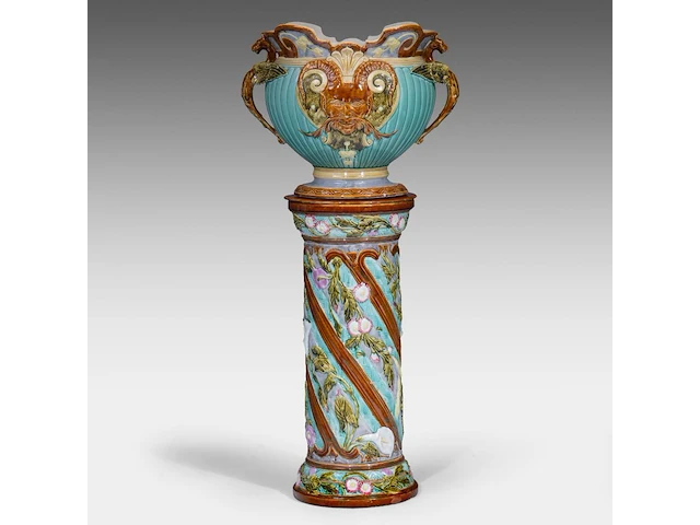 Mouzin-lecat & cie, a polychrome jardinière and stand, nimy - belgium, total h: 119 cm - afbeelding 1 van  9