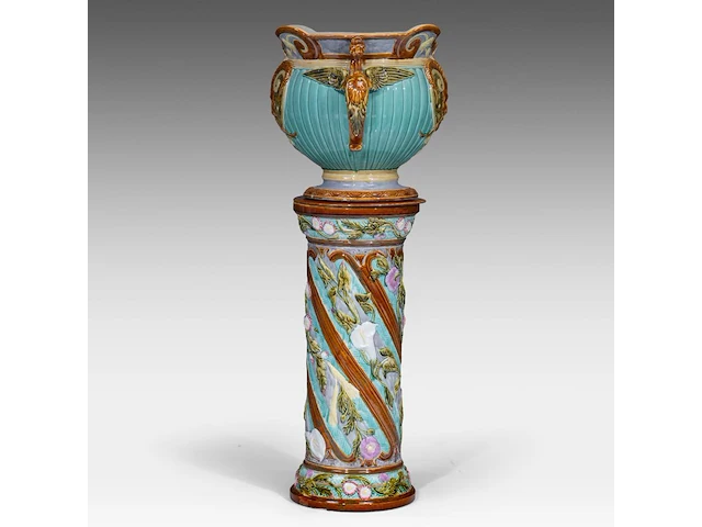 Mouzin-lecat & cie, a polychrome jardinière and stand, nimy - belgium, total h: 119 cm - afbeelding 2 van  9