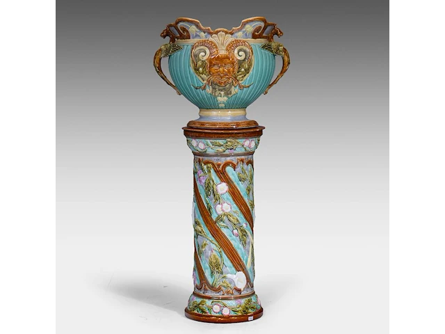 Mouzin-lecat & cie, a polychrome jardinière and stand, nimy - belgium, total h: 119 cm - afbeelding 3 van  9