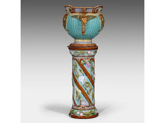 Mouzin-lecat & cie, a polychrome jardinière and stand, nimy - belgium, total h: 119 cm - afbeelding 4 van  9